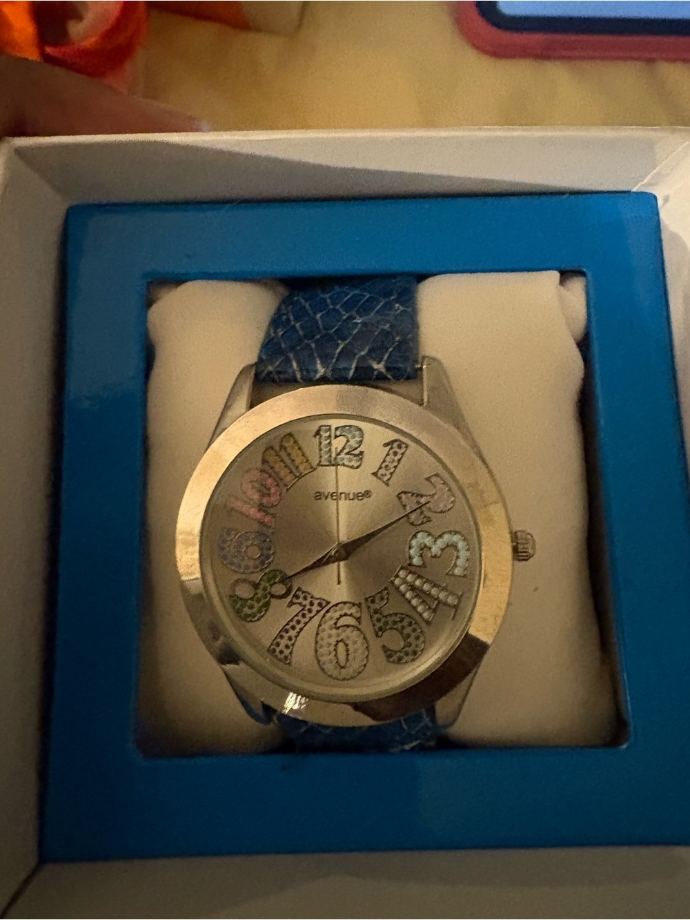 Avenue Silver Watch with Blue Croc Strap and Multicolor Numbers